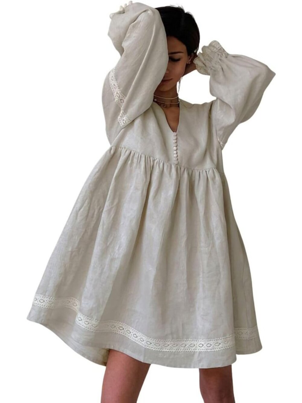 Cute Cotton Linen Babydoll Dress with Pockets, Lantern Long Sleeve & Lace Trim